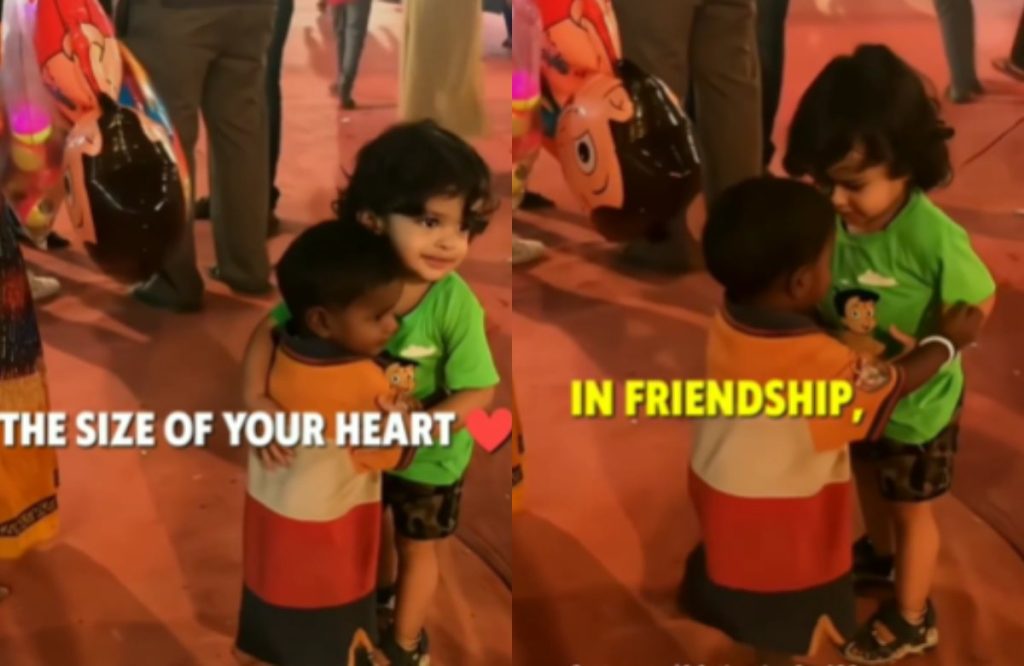 Two baby friends heartwarming embrace of innocence